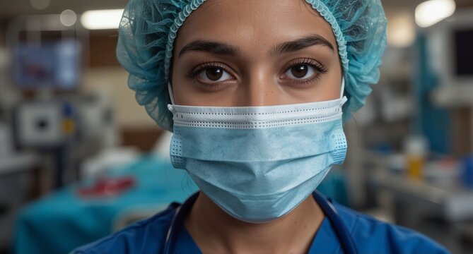 female surgeon with a focused gaze wearing protective mask and cap in operating room.
