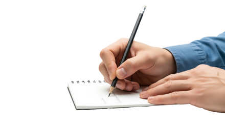 Closeup of a persons hands writing in a small spiral notebook with a pencil isolated on a white background.