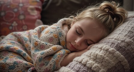 peaceful little girl sleeping soundly under a cozy crocheted blanket on a comfortable pillow.