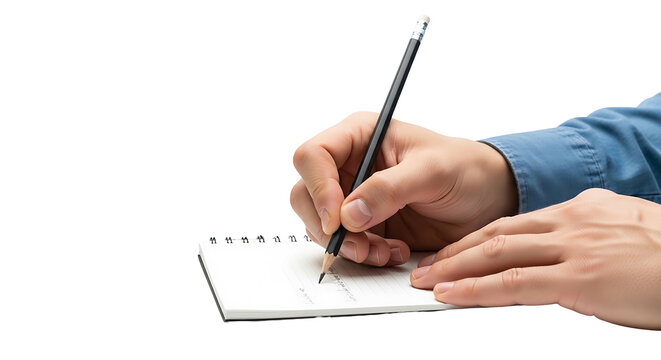 Closeup of a persons hands writing in a small spiral notebook with a pencil isolated on a white background.