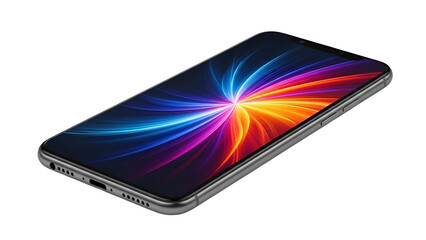 A smartphone angled, with a vibrant, colorful screen against a black background
