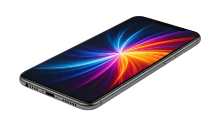 A smartphone angled, with a vibrant, colorful screen against a black background