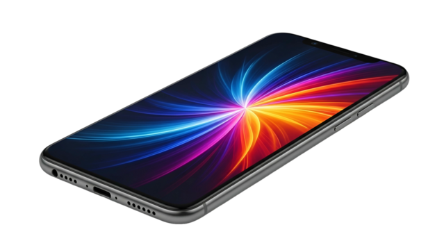 A smartphone angled, with a vibrant, colorful screen against a black background