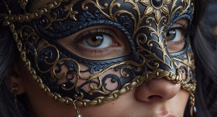intimate close-up of a woman's eye peering through an ornate gold and black venetian mask, perfect for masquerade or carnival themes.