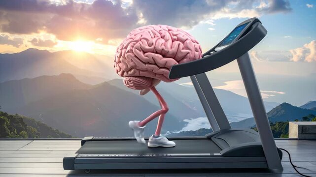 A human brain with legs running on a treadmill with a scenic mountain background.