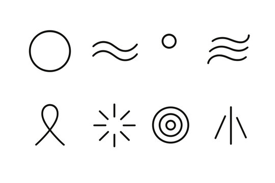 Peaceful Harmony Icons. Thought Ease Set linear icon set: peaceful orb, harmonic wave, reflective bead, soft breeze curve, steady pulse dot, mindful ribbon, calm light ray, ease