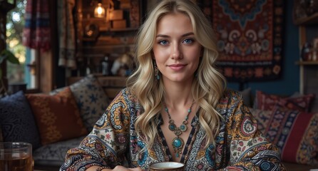 Fototapeta premium beautiful woman with long blonde hair wearing bohemian jewelry and a patterned top enjoying a cozy moment indoors.