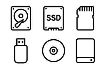 Digital Storage Icons. Digital Storage linear icon set. hard drive, SSD, memory card, USB flash drive, optical disc, external enclosure.