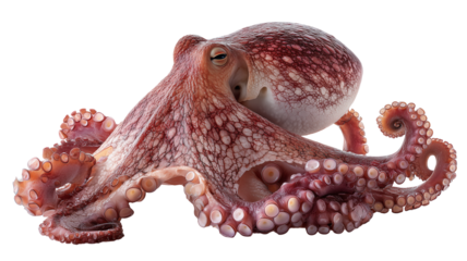 Detailed studio shot of a vibrant octopus, showcasing its intricate skin texture and suckered tentacles.