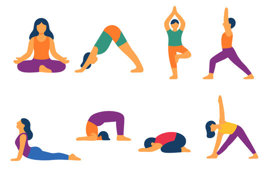 Yoga Pose Icons. Classic Asanas flat icon set: lotus pose, downward dog, tree pose, warrior pose, cobra pose, bridge pose, child&rsquo;s pose, triangle pose