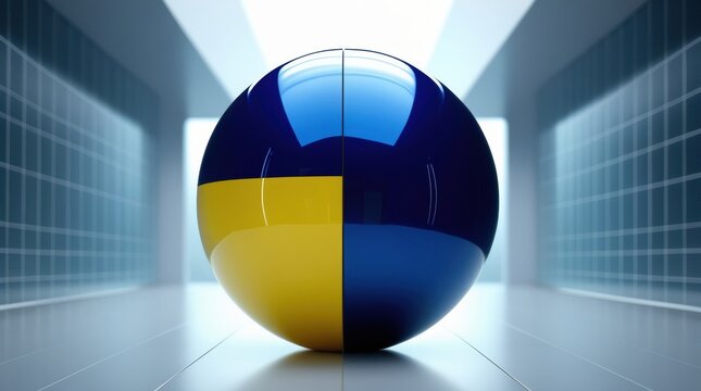 Glossy sphere in ukrainian flag colors on abstract grid background, symbolizing technology, data, global connection - Powered by Adobe