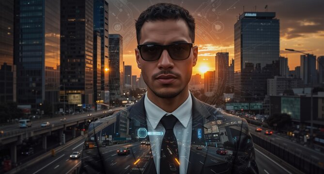 futuristic businessman with digital city interface and highway overlay, representing innovation and urban technology