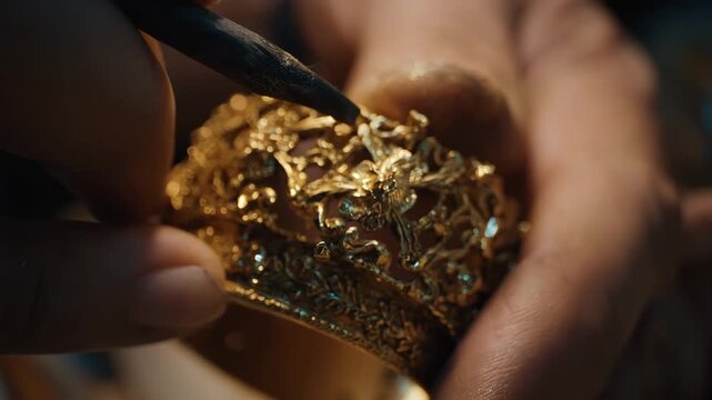 Closeup medium shot of intricate jewelry being coated with shimmering gold electroplating highlighting fine craftsmanship and reflective surfaces.
