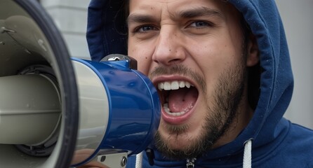 young man shouting into a megaphone with determined expression, protest or announcement concept.