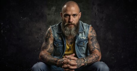 intense tattooed man with long beard and denim vest posing with confident expression against dark textured background.