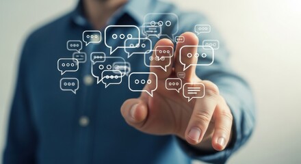 A person in a blue shirt points their finger at a futuristic virtual interface with numerous glowing speech bubble icons, symbolizing digital communication and networking