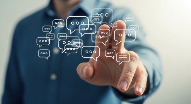 A person in a blue shirt points their finger at a futuristic virtual interface with numerous glowing speech bubble icons, symbolizing digital communication and networking