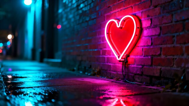 Neon light sign shaped like a glowing red heart attached to a brick wall, wet pavement reflection, night time, cinematic bokeh, moody atmosphere, cyan and magenta lighting scheme, realistic.