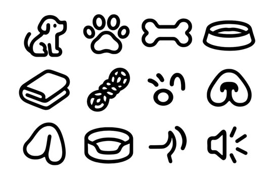Puppy Essentials Icons. Puppy Essentials Pack silhouette icon set: tiny pup outline, soft paw, mini bone, milk bowl, cuddle blanket, toy rope, playful hop mark, curious nose