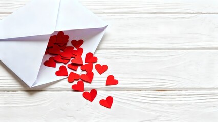 Top down view, an open white envelope with small red paper hearts spilling out, white wooden table background, minimalist, clean composition, plenty of copy space on the right side, high quality photo