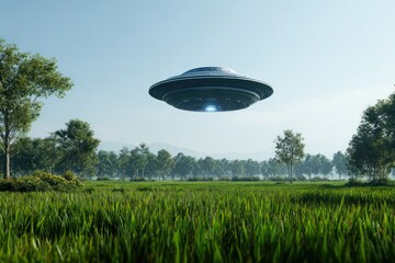 UFO Hovers Over Lush Green Field Sunny Day Sci-Fi