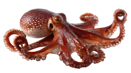 Captivating red-brown octopus with intricate white spots, tentacles unfurled, showcasing its marine beauty