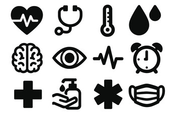 Health Icons Set. Health Alertness silhouette icon set. heartbeat, stethoscope, thermometer, drop of blood, brain, eye, pulse line, alarm clock, cross symbol, hand sanitizer