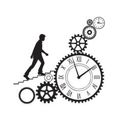 Silhouette man climbing stairs made of gears towards clocks and gears vector
