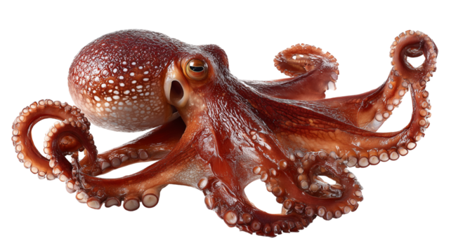 Captivating red-brown octopus with intricate white spots, tentacles unfurled, showcasing its marine beauty