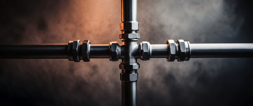 Close-up of crossed metallic pipes of a fire sprinkler system, dark smoky background