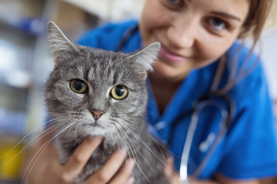 Veterinarian Holding Cat Stethoscope Checkup Clinic Visit