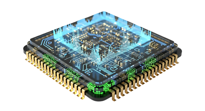Advanced Microchip with Glowing Circuitry and Data Flow.