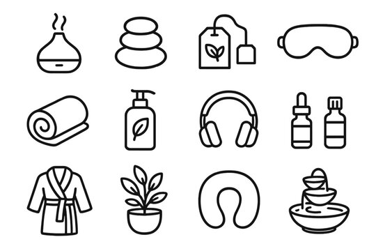 Relaxation Essentials Icons. Relaxation Essentials linear icon set: aromatherapy diffuser, massage stones, herbal tea bag, calming eye mask, plush towel, soothing lotion bottle