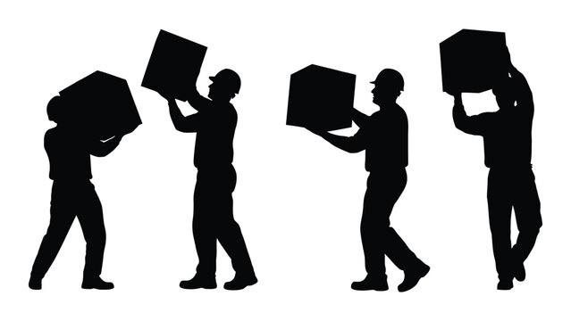 Workers carrying boxes silhouettes isolated on white background, Vector