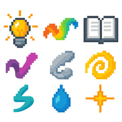 Obraz premium Creative Icon Set. Creative Spark pixel style icon set: bright idea orb, flowing ribbon, playful brush mark, open notebook, sculpted curve, color droplet, dynamic swirl, spark line
