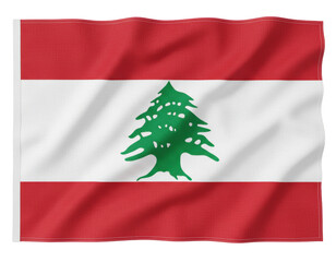 Waving fabric flag of Lebanon featuring the red and white stripes and central green Cedar of Lebanon tree