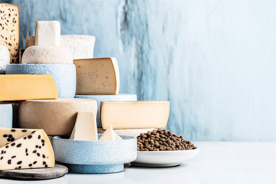 Assorted artisan cheeses arranged on table with natural textures and soft light, showcasing dairy variety, gourmet tasting, rustic atmosphere and culinary lifestyle.