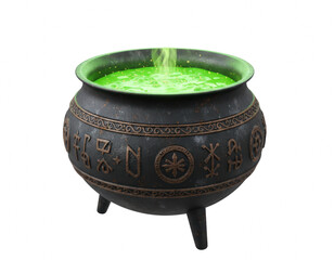 Mystical Iron Cauldron with Glowing Green Elixir and Rising Steam