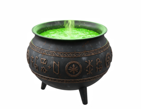 Mystical Iron Cauldron with Glowing Green Elixir and Rising Steam