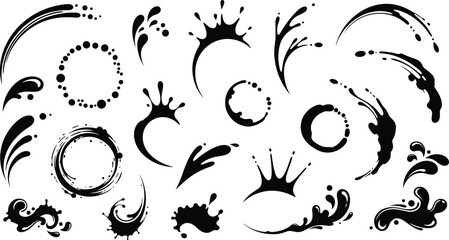 Black ink splatter, abstract swirl design, brush stroke texture, decorative splash elements, grunge paint blot, artistic dynamic shapes