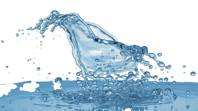 Dynamic frozen motion of clear water splashing upwards in a dramatic frozen wave shape isolated on transparent background