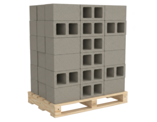Gray concrete masonry units stacked on a wooden shipping pallet