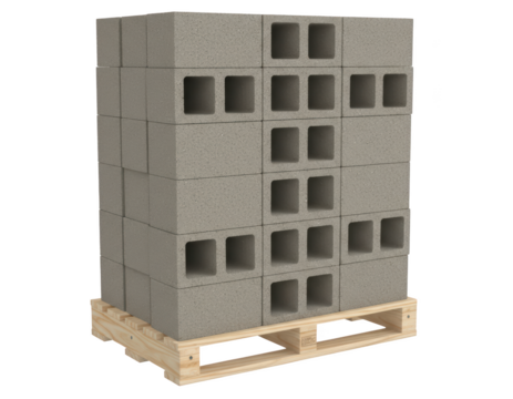 Gray concrete masonry units stacked on a wooden shipping pallet