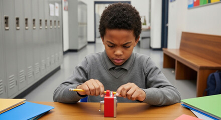 Pupil sharpening pencil in school hallway, academic focus and concentration in education setting