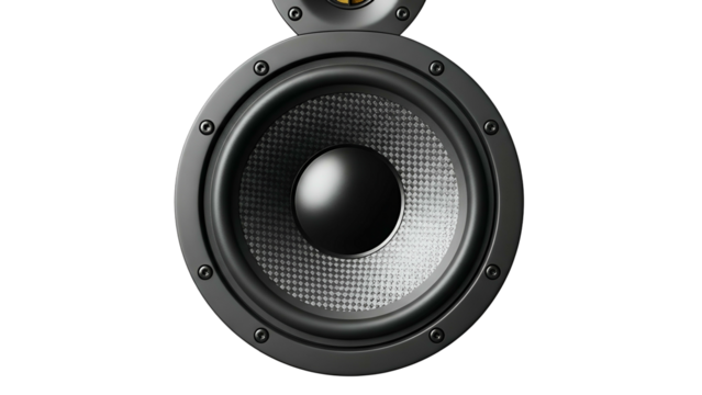 Close-up of a large black speaker with a central cone, detailed on a black background