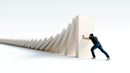 Man stopping falling domino effect to prevent disaster at the last moment, personal responsibility and resilience, 3d render