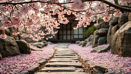 Generative AI peaceful path through blossoming cherry trees.