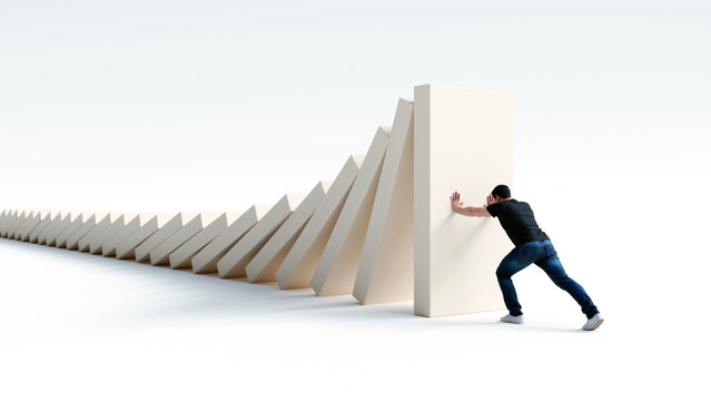 Man stopping falling domino effect to prevent disaster at the last moment, personal responsibility and resilience, 3d render