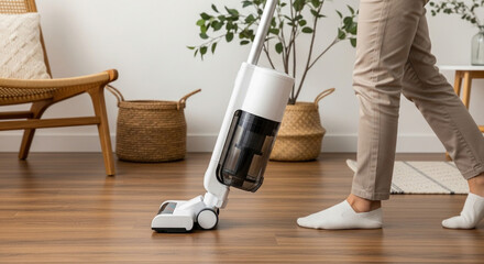 Compact stick vacuum cleaner on wooden floor in home, efficient cleaning and modern lifestyle