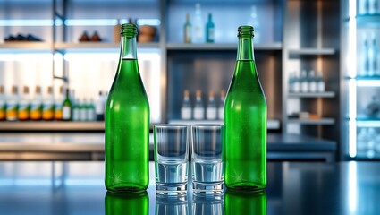 Generative AI refreshing green bottles and glasses on counter.